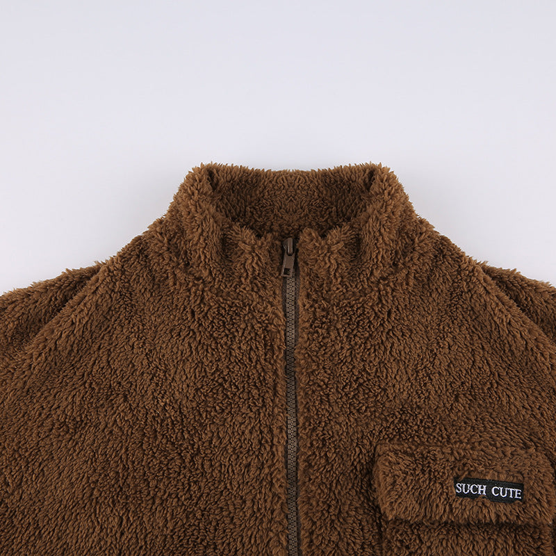 Double Sided Fleece Short Loose Fur Coat Outside