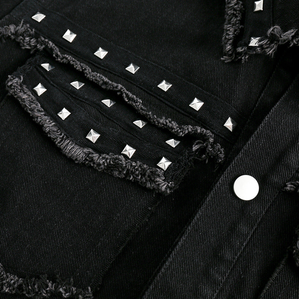 High Street Fashion Brand Hip Hop Rock Rivet Decorative Denim Jacket