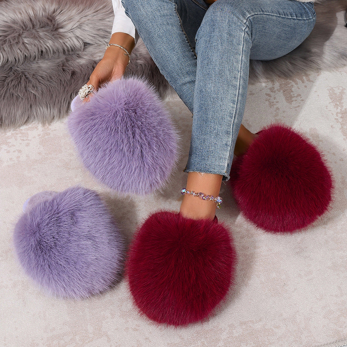 Kvinde Plus-size Ensfarvede Fluffy Store Pelsede Hjemmesko