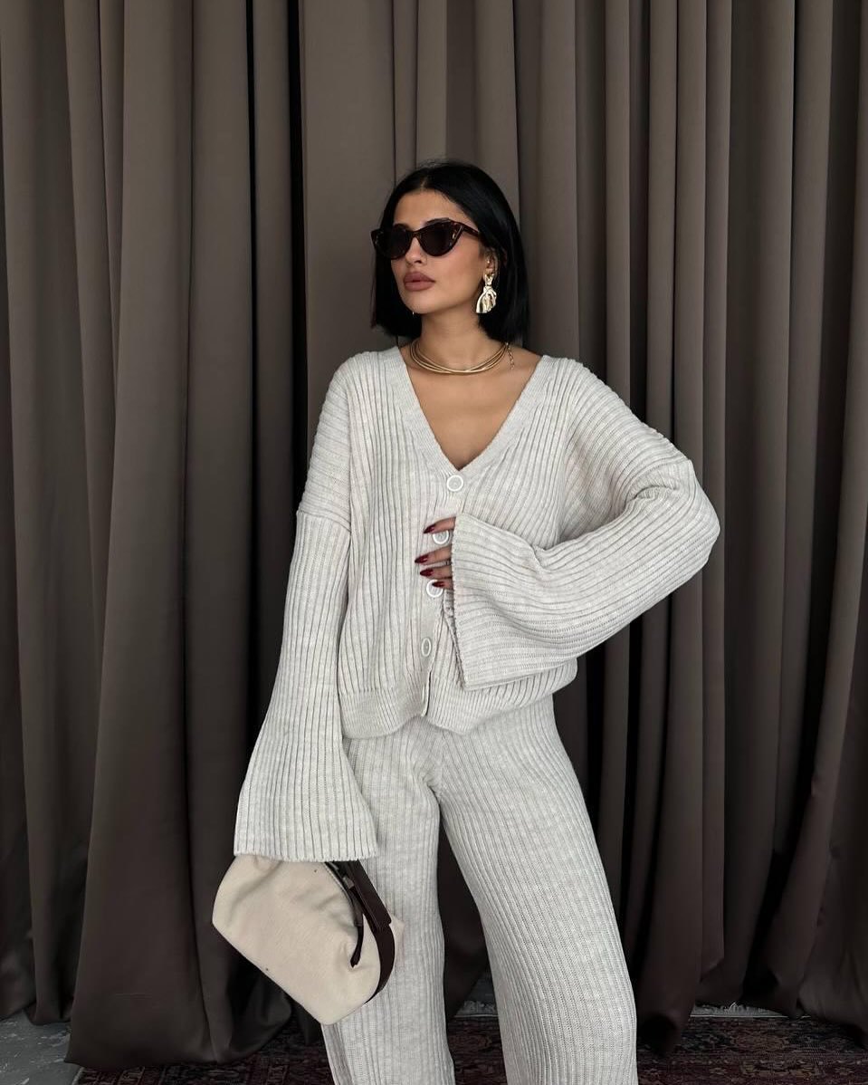 Casual Women's Solid Color Long Sleeve Button Cardigan Sweater Pants Set