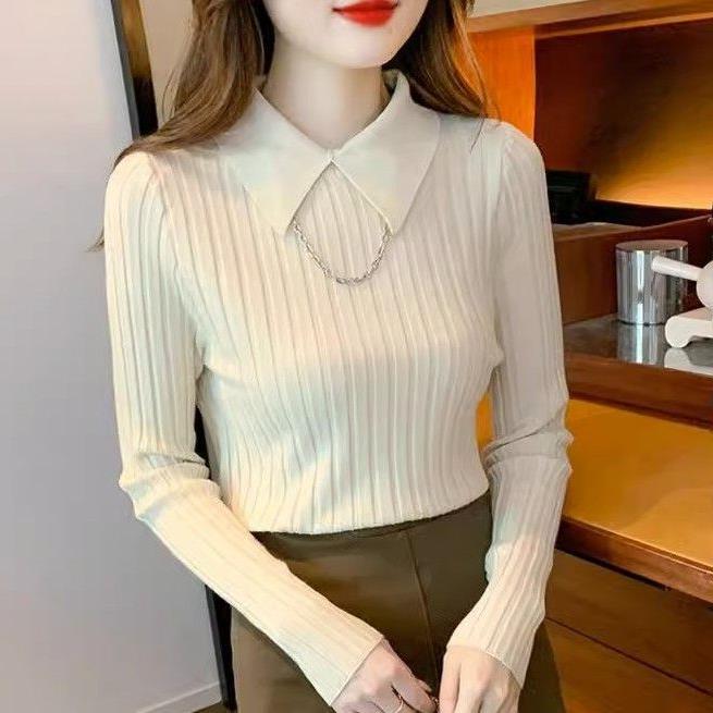 Early Autumn Winter Thread Sunken Stripe Slim Fit Pullover Inner Wear Knitted Bottoming Shirt Lapel Long Sleeve Sweater
