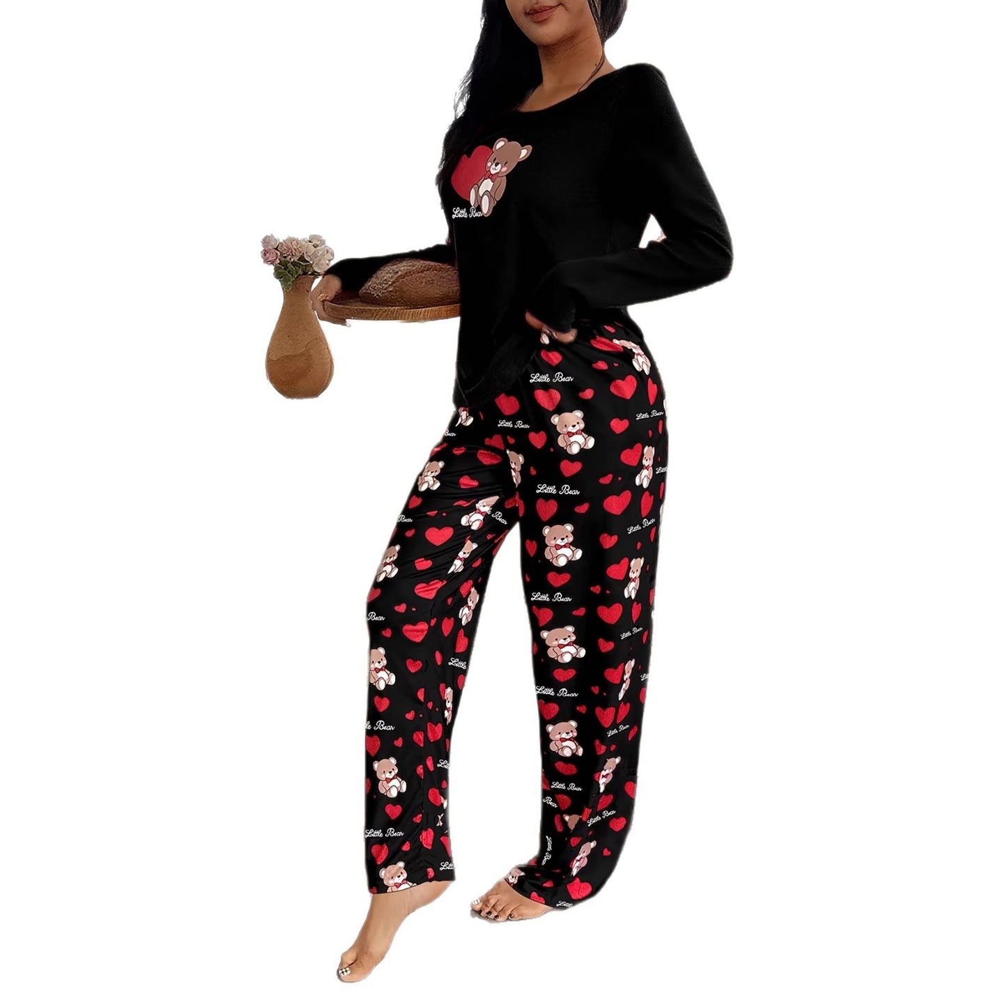 Womens Crew-Neck Bear And Heart Print Long-Sleeve Pajama Set With Long Pants