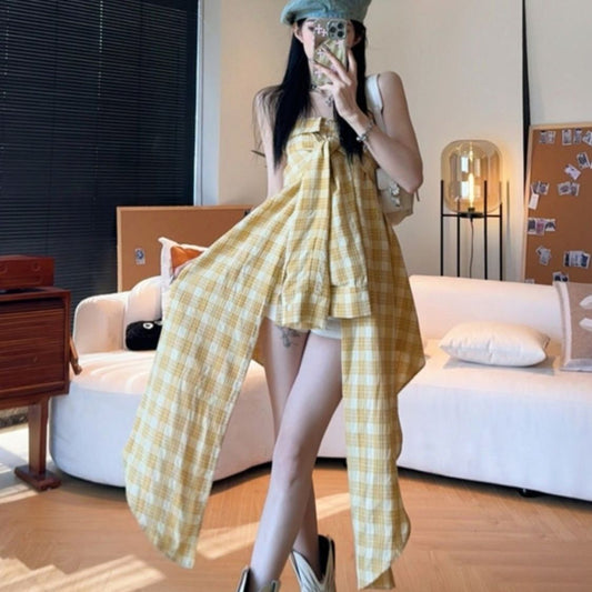 Women's Irregular Yellow Plaid Tube Dress
