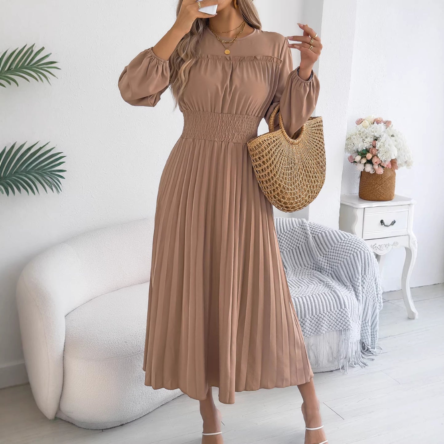 Elegant Ruffled Long-sleeve Cinched-waist Pleated Maxi Dress