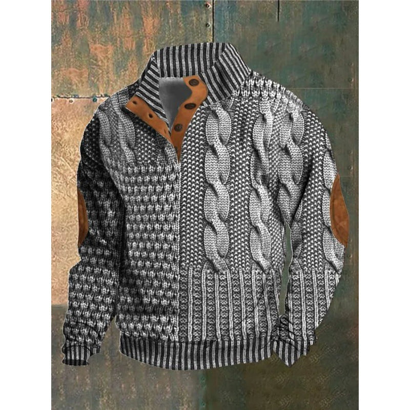 Digital Printing Stand Collar Men's Street Trend Buckle Polo Sweater 3D