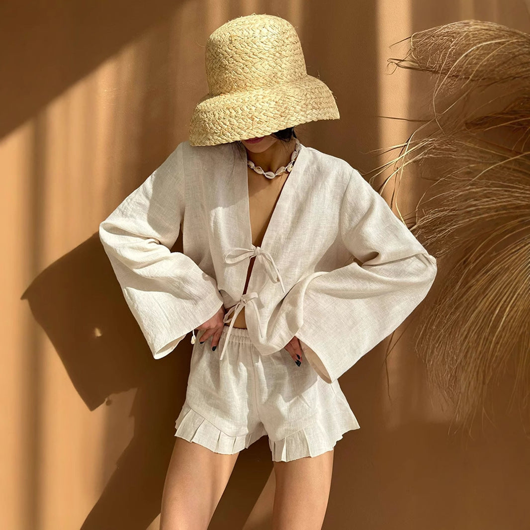 Womens Cotton Lace-Up Cardigan And Shorts Set