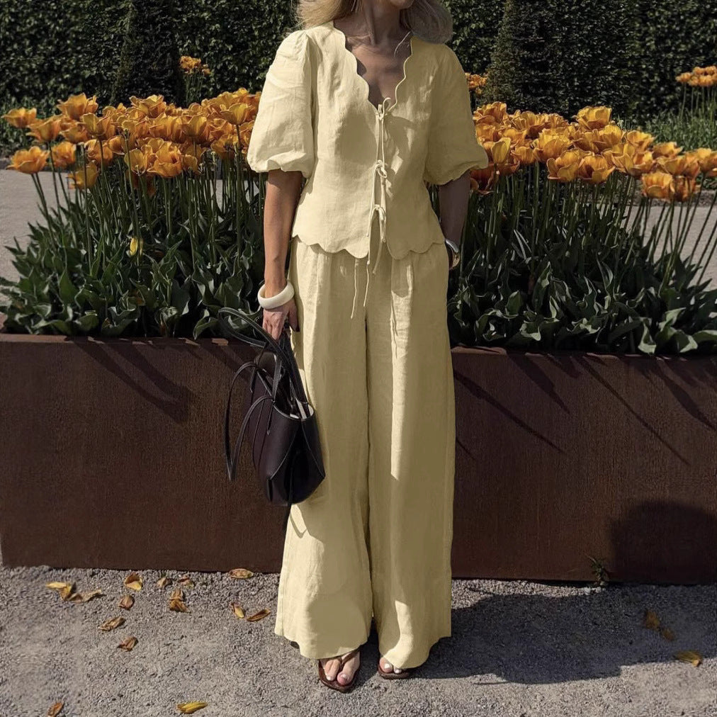 Simple Puff-sleeve Shirt And Casual Pants Set