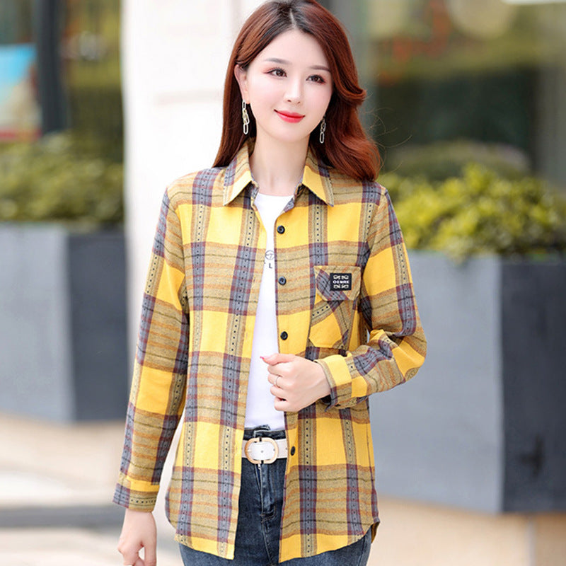Autumn Plaid Shirt Women's Cotton Long-sleeved Brushed Vintage Coat
