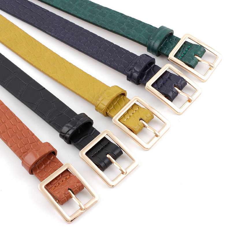 Ladies Square Button Jeans Dress Faux Leather Belt