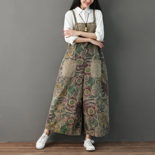 Vintage Adjustable Wide Leg Pants Colorblock Denim Bibs