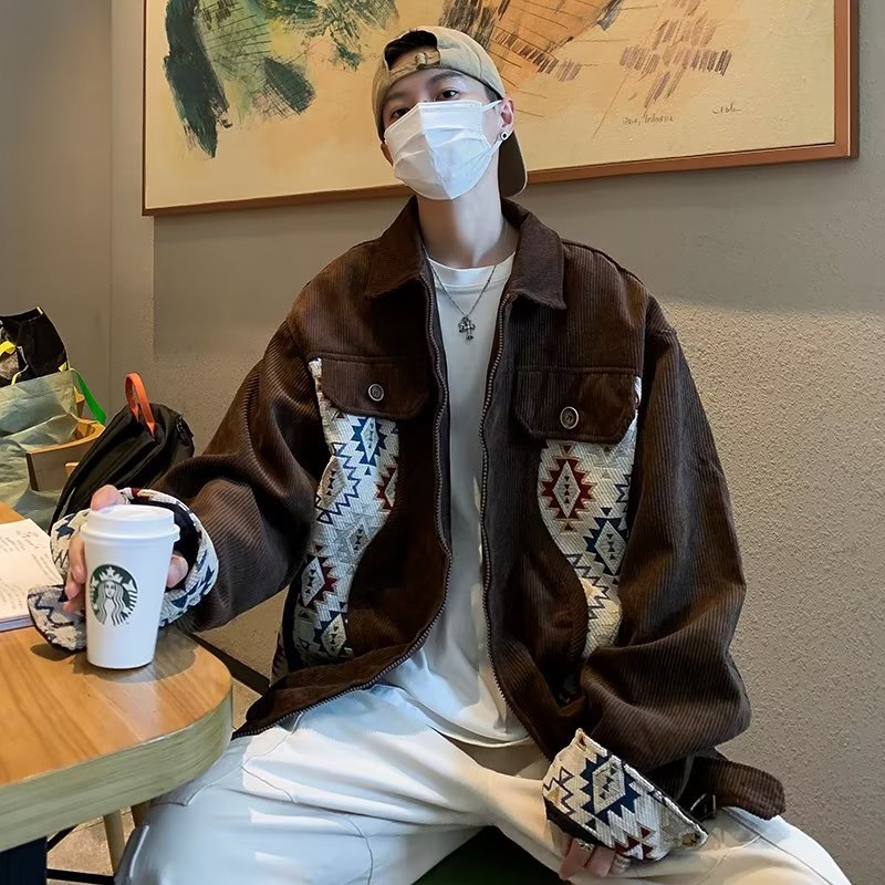 American Retro Ethnic Style Stitching Lapel Corduroy Jacket Design Sense Baseball Collar Coat