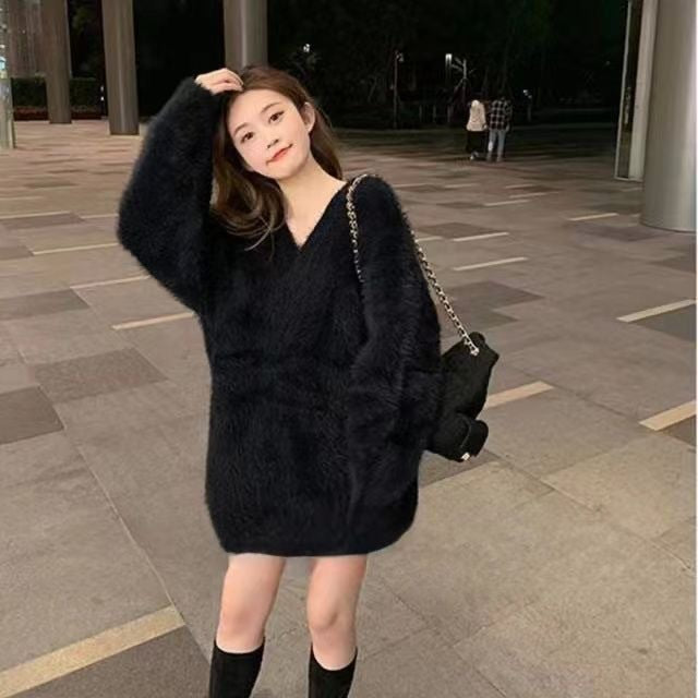 Idle Style V-neck Mink Fur Pullover Women's Mid-length Sweater