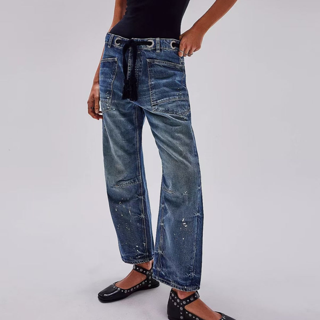 Women's Loose Straight Drawstring Splash-ink Design Casual Jeans