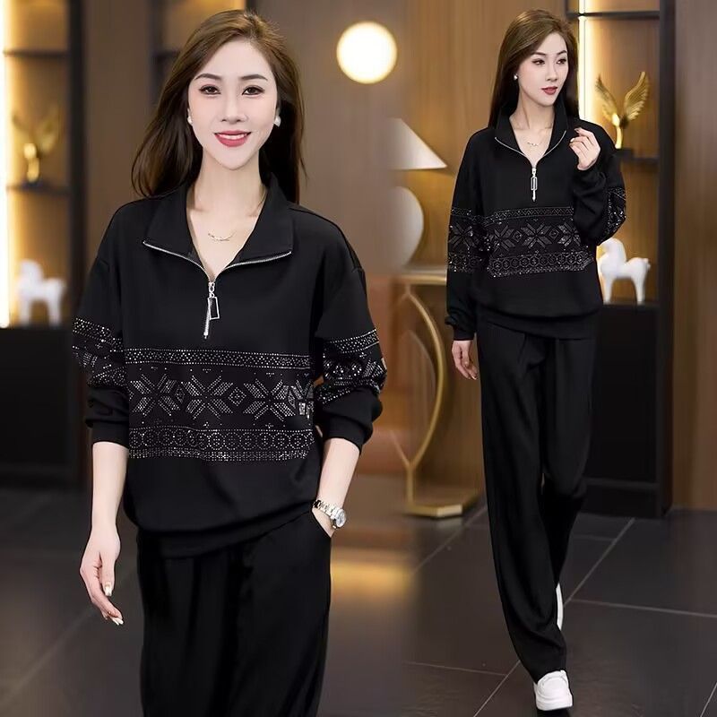 Half-zip Hoodie With Long Sleeves Paired With Wide-leg Pants