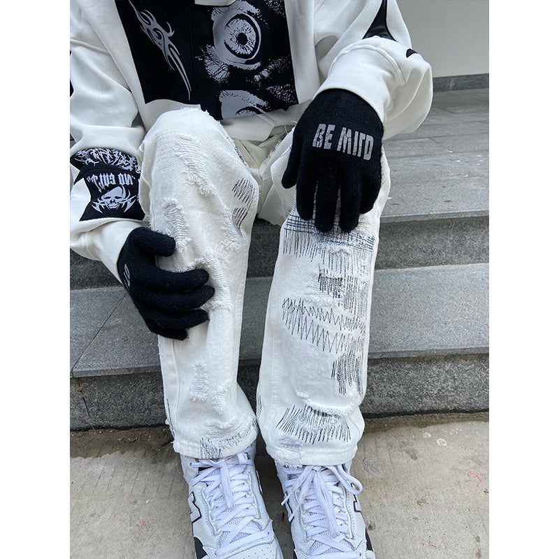 Women's Ripped Personality Knife Cut Loose Straight Jeans