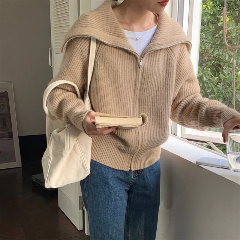 Korean Style Idle Style Large Lapel Knitted Cardigan Zipper Coat