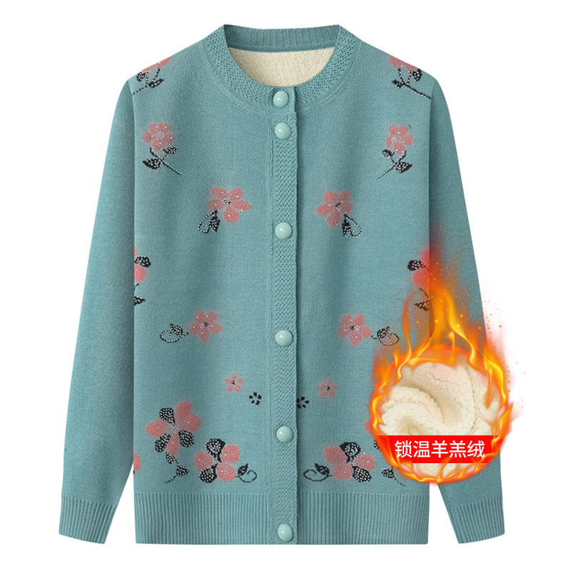 Thermal Underwear Fleece-lined Thickened Grandma Sweater Coat For Women