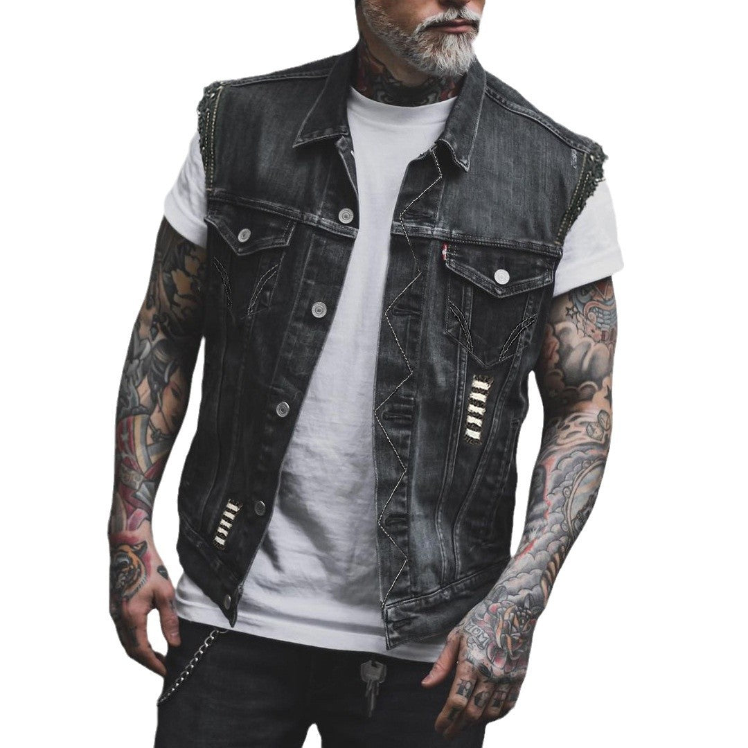Men's Denim Vest Printed Shirt