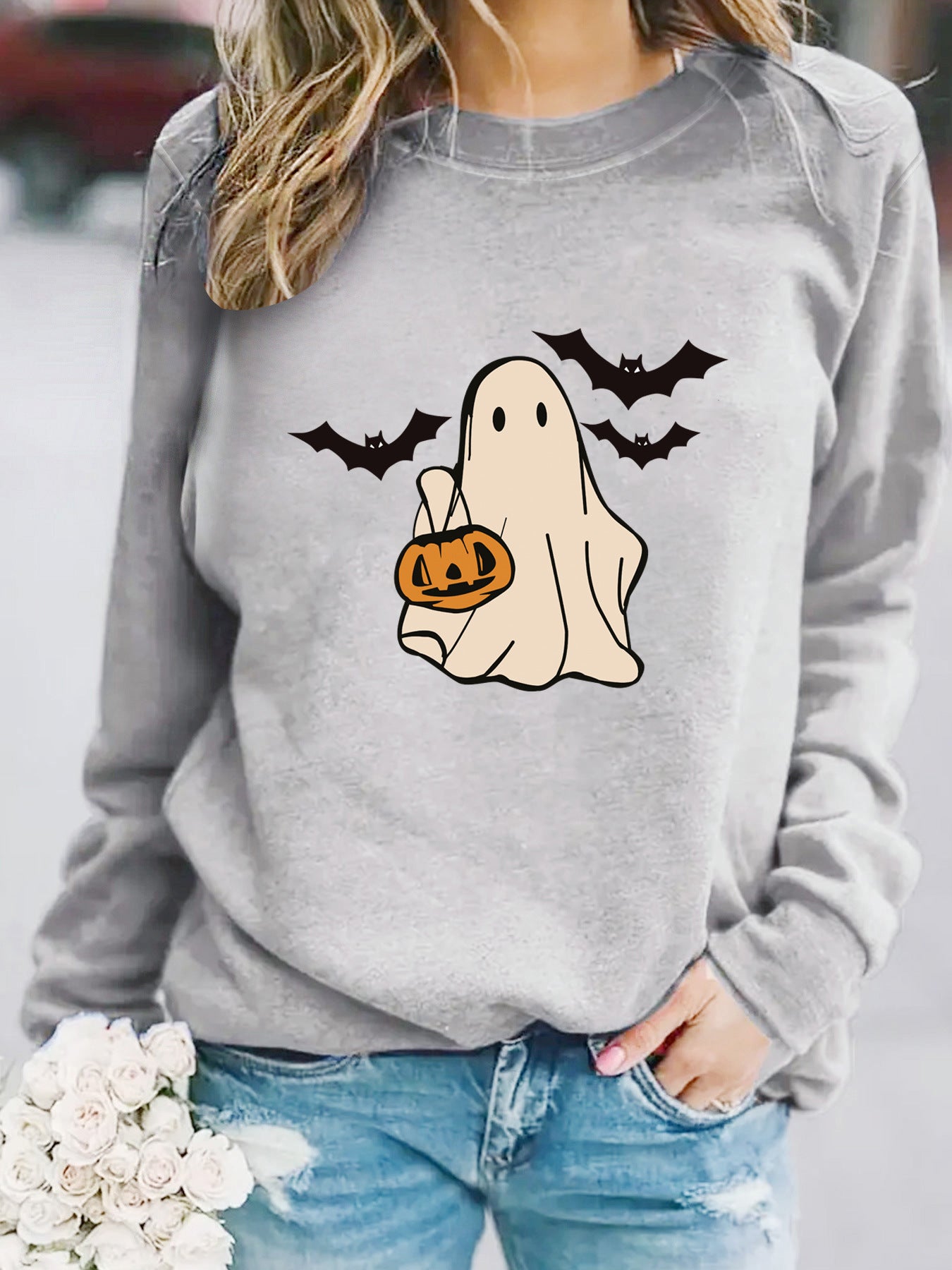 Halloween Casual Long Sleeve Round Neck Cartoon Ghost Print Pullover Sweater Sweatshirt