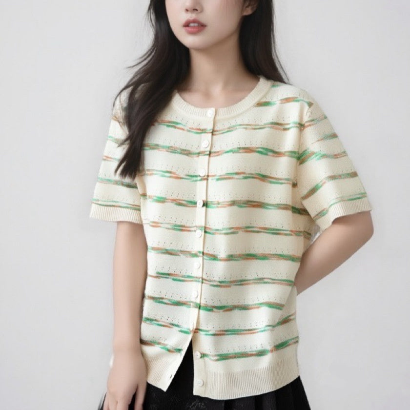 Womens French Chanel-style Striped Ice Silk Knit Top With Short Sleeves