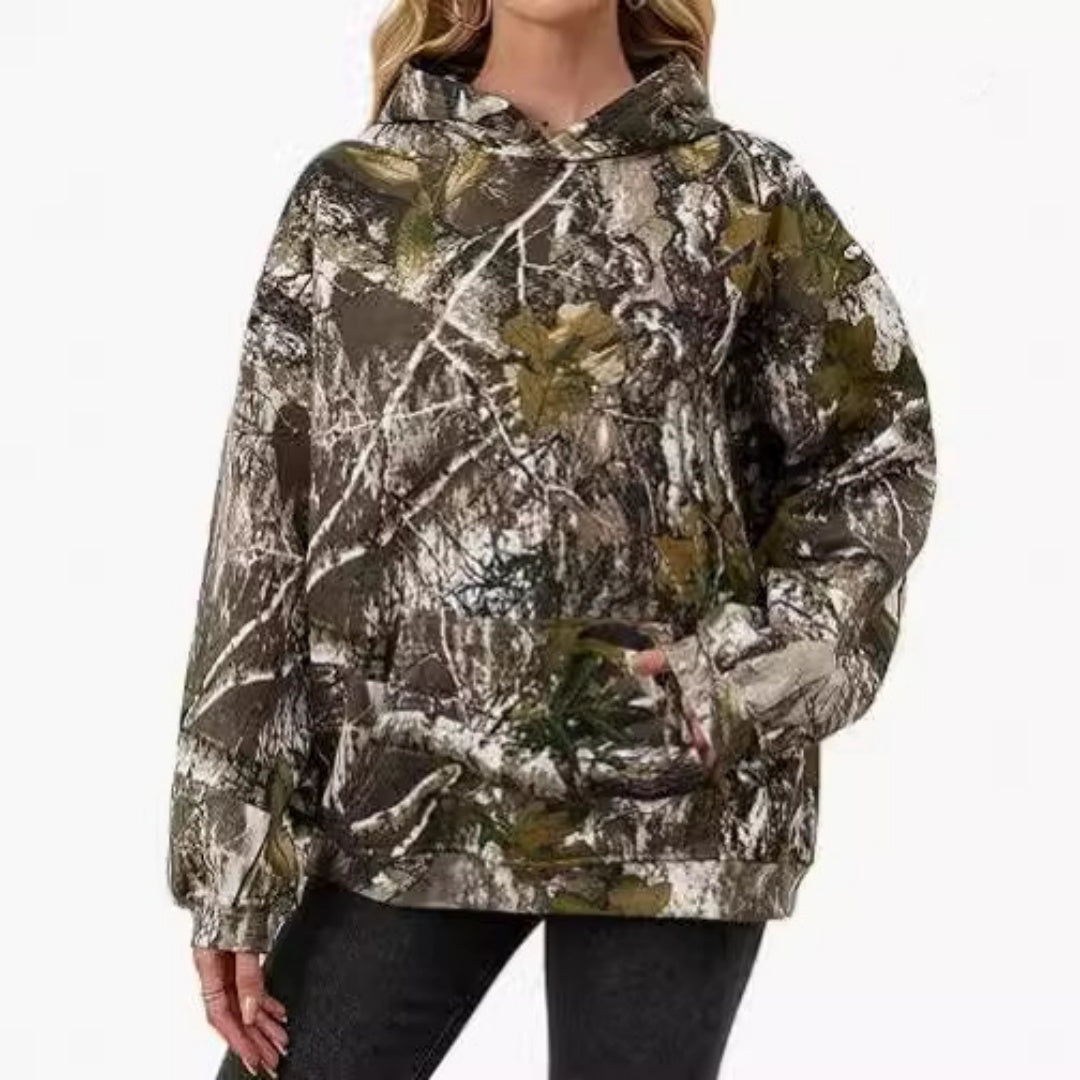 Camo uldhættetrøje til kvinder med lange ærmer, sænkede skuldre, oversized