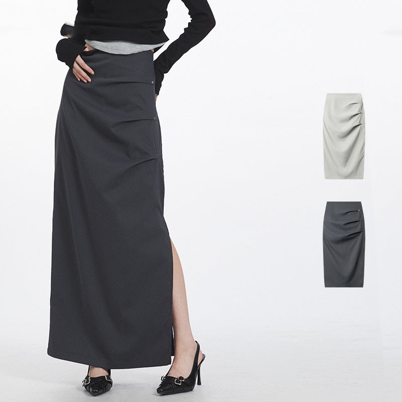 Retro Pleated Design Casual Temperament Midi Skirt