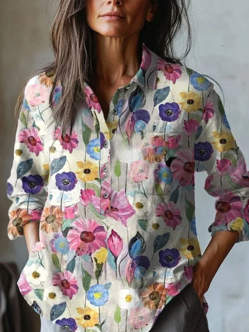 Women's Vintage Floral Art Print Casual Cotton And Linen Shirt