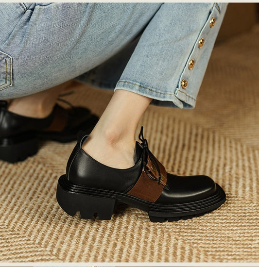 Retro Style Thick Bottom Contrast Color Deep Mouth Small Leather Shoes