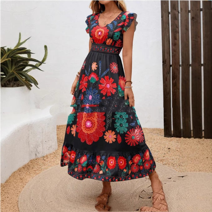 European And American-style V-neck Printed Dress