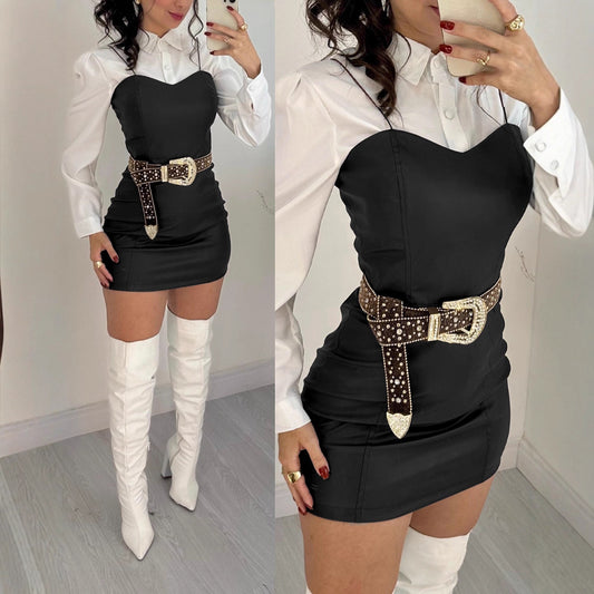 Sling PU Leather Skirt Short Shirt Outfit