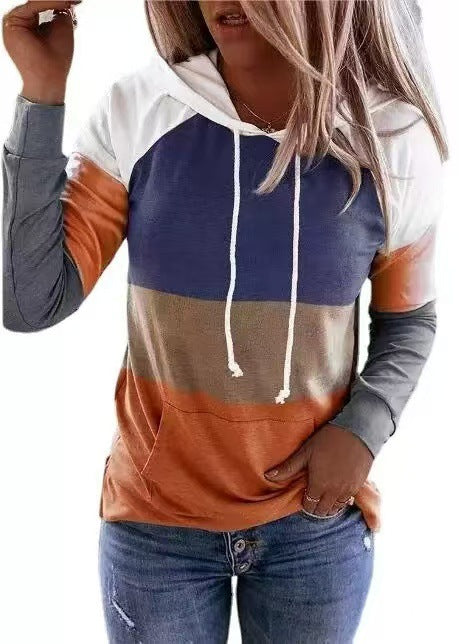 Fashion Casual Long Sleeve Loose Casual Color Block Hooded Sweatshirt