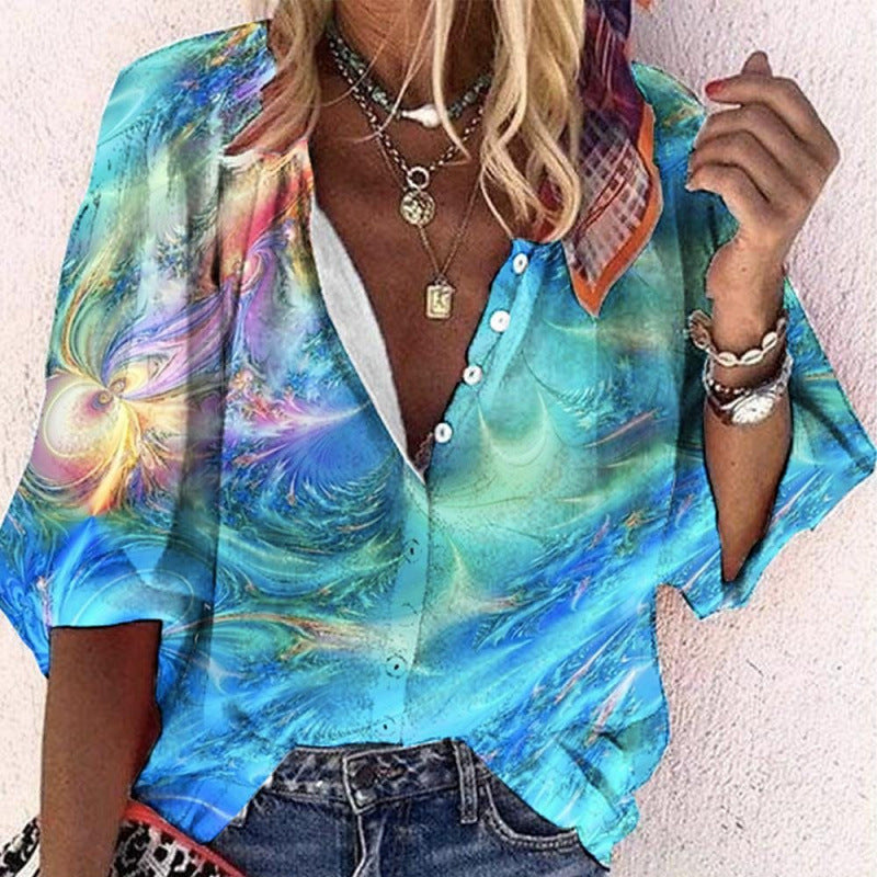 Floral-print Long-sleeve Top Fashionable V-neck Blouse For Women 3D