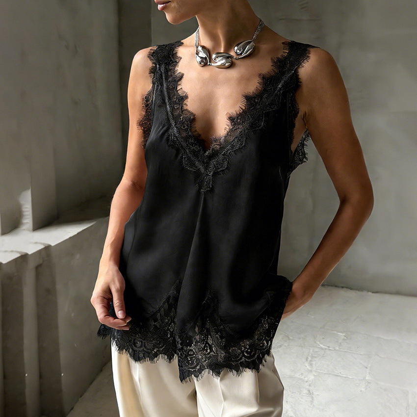 Lace-trimmed Sleeveless T-shirt A Stylish Top For Women