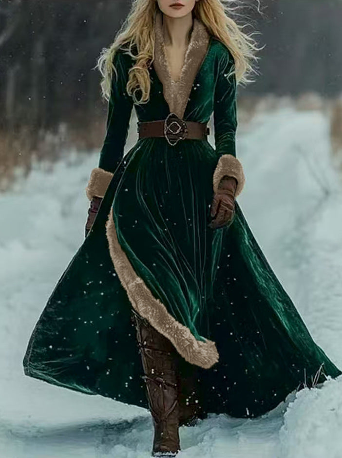 V-neck Split Autumnwinter Relaxed-waist Coat Dress