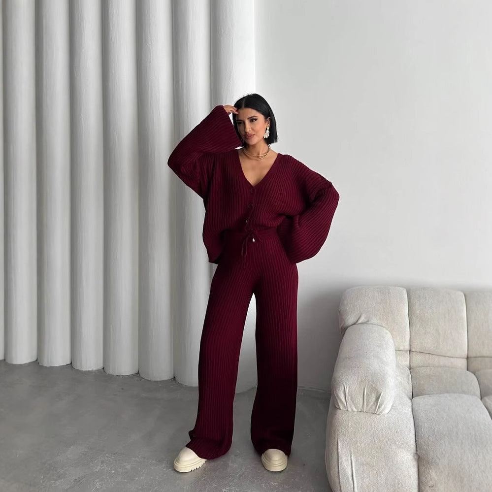 Casual Women's Solid Color Long Sleeve Button Cardigan Sweater Pants Set