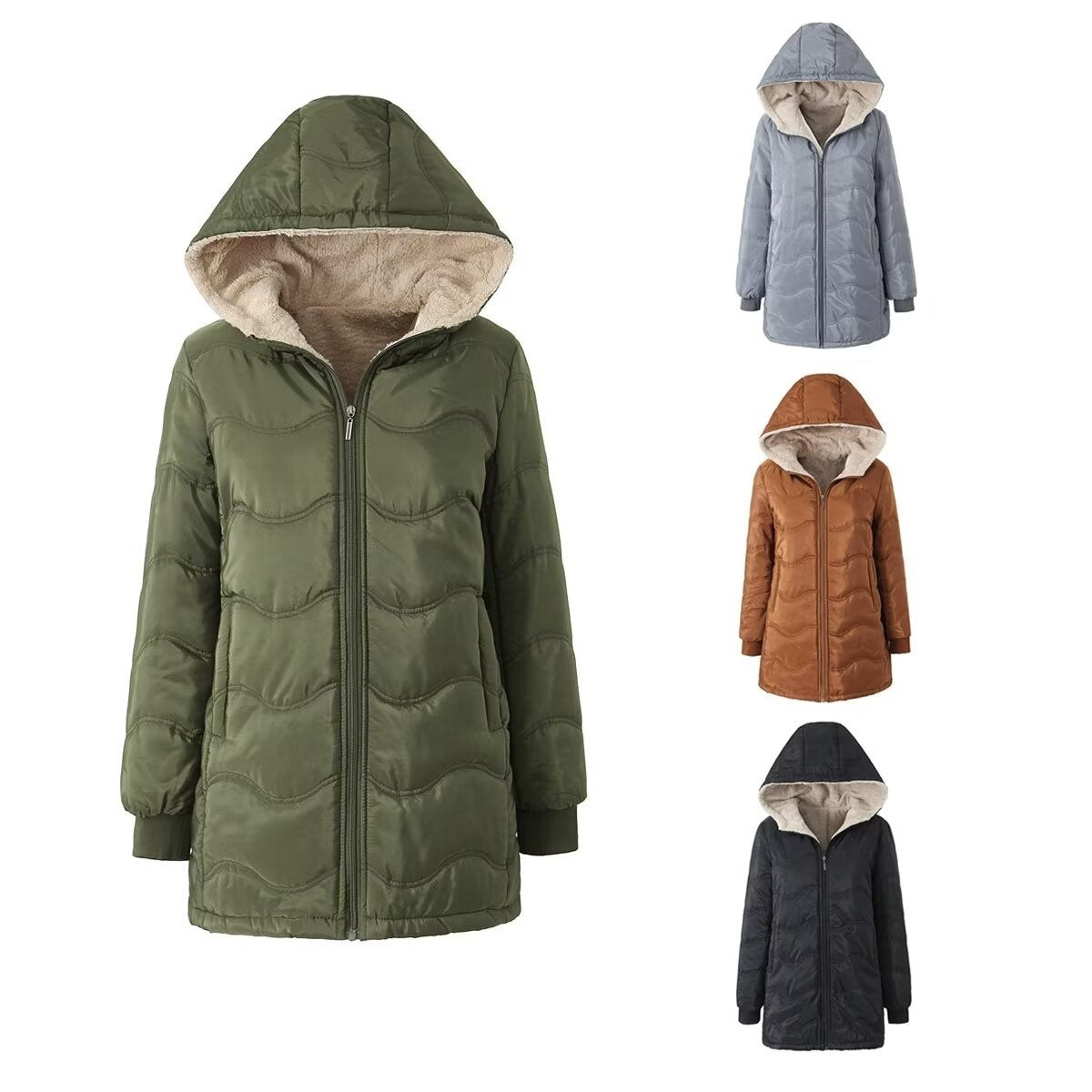 Geometric Wave Hooded Fleece-lined Warm-keeping Cotton Clothing