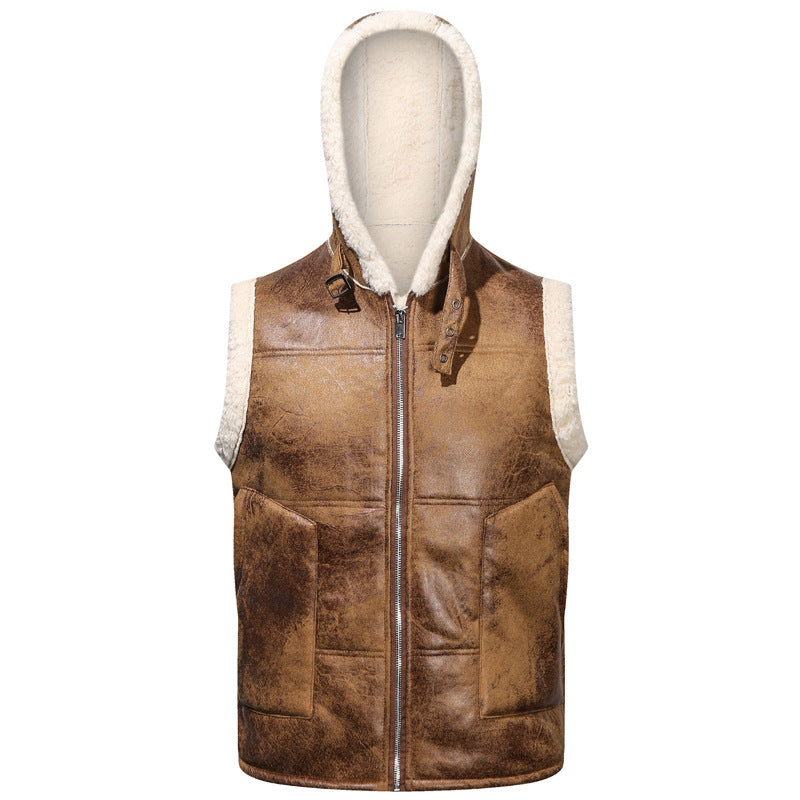 Fur One-piece Coat Men's Solid Color Zipper Vest