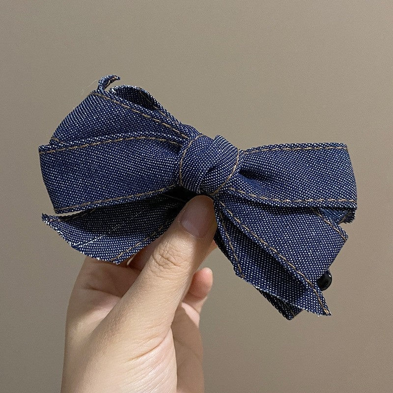 Back Head Blue Denim Bow Barrettes