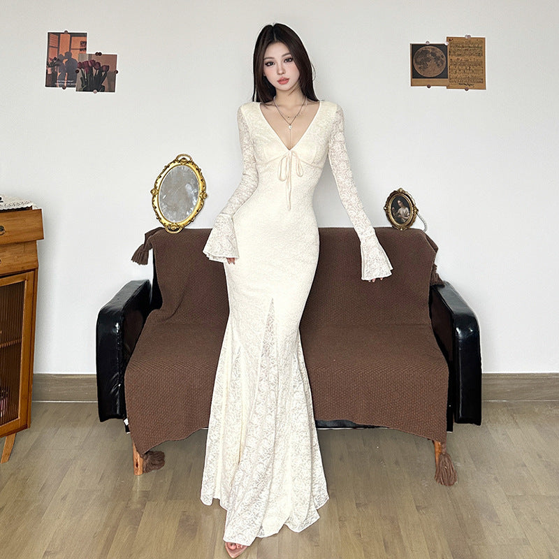 French-style Ethereal Jacquard Lace V-Neck Dress With Ties