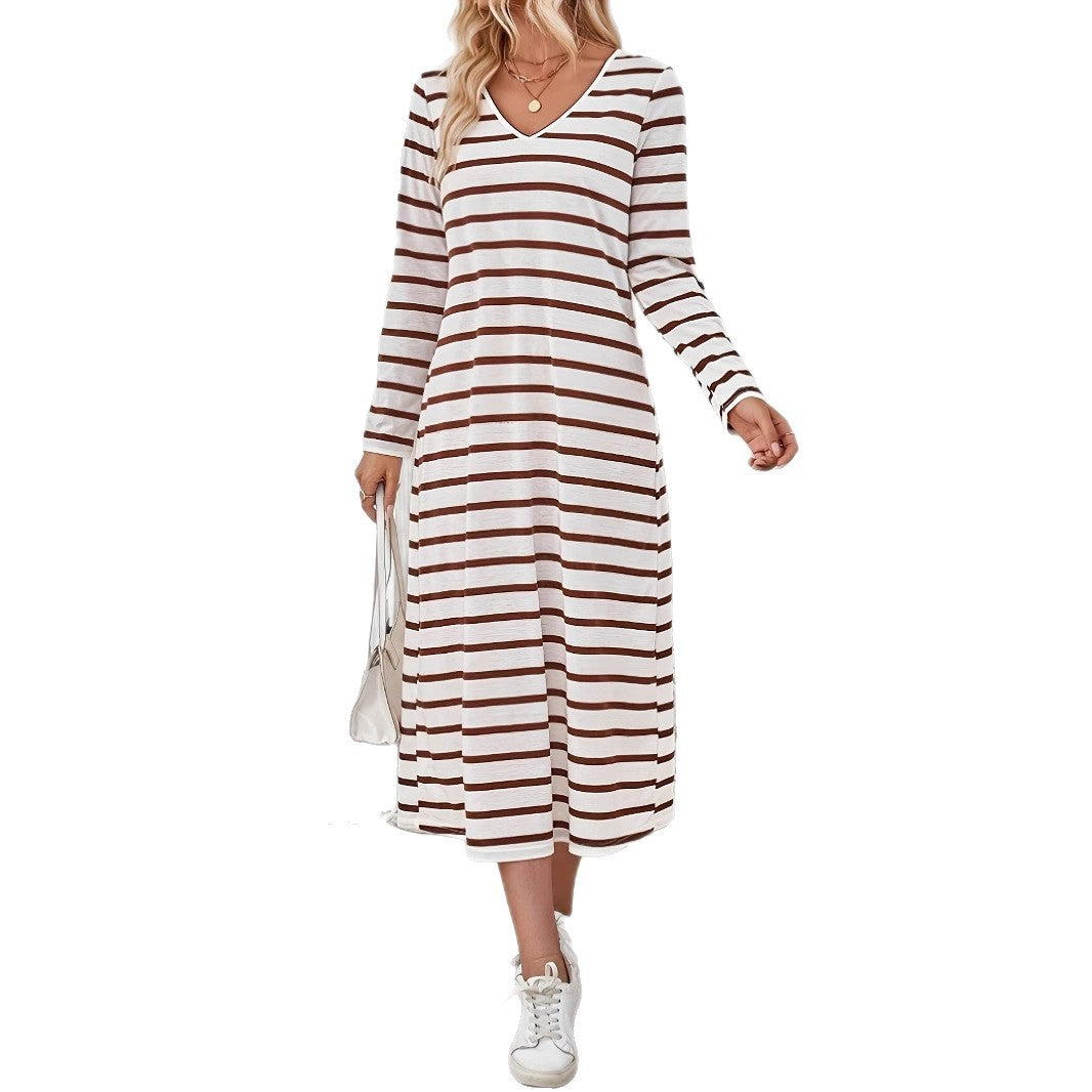 New Womens Loose-fitting Long-sleeve Striped Straight-cut Dress
