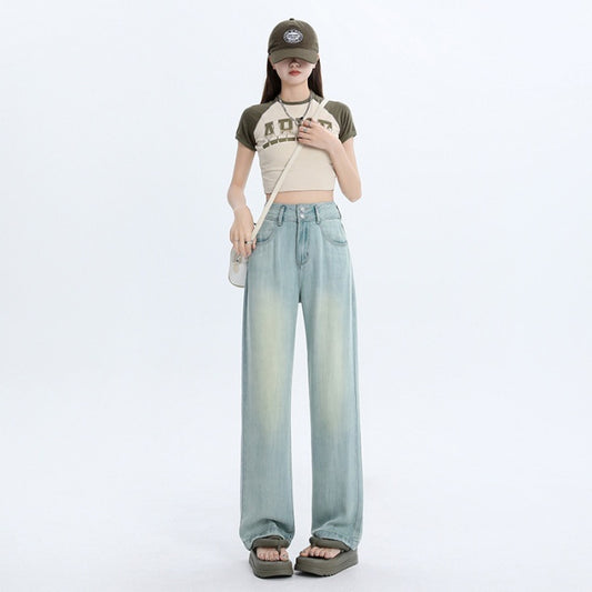 Lyocell Jeans til kvinder Sommer Vide Ben Høj Talje Tynde Løse
