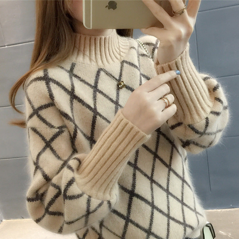 Korean Style Trendy Diamond Grid Pullover Knitted Sweater
