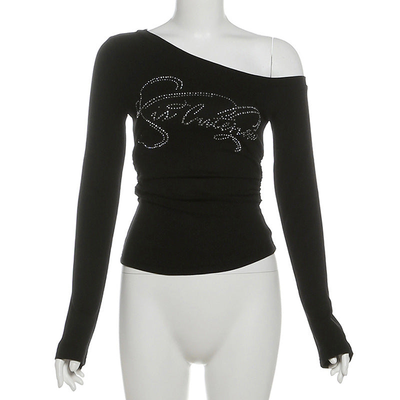New Trendy Off-shoulder T-shirt With A Slash Neckline And Letter Detailing