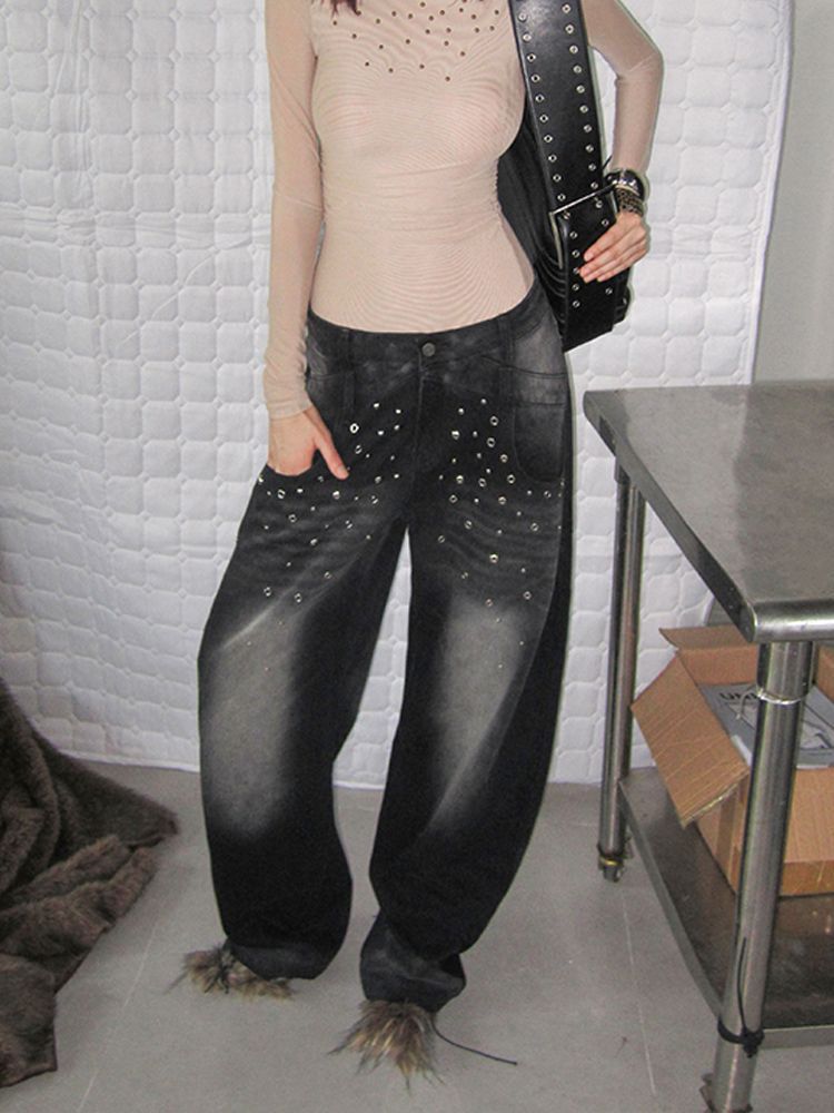 Irregularly Shaped Rhinestone-embellished Patchwork Jeans