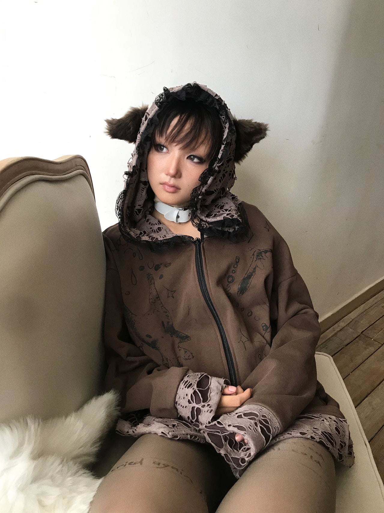 Dark Subculture Hooded Zip Ripped Sweatshirt Jacket