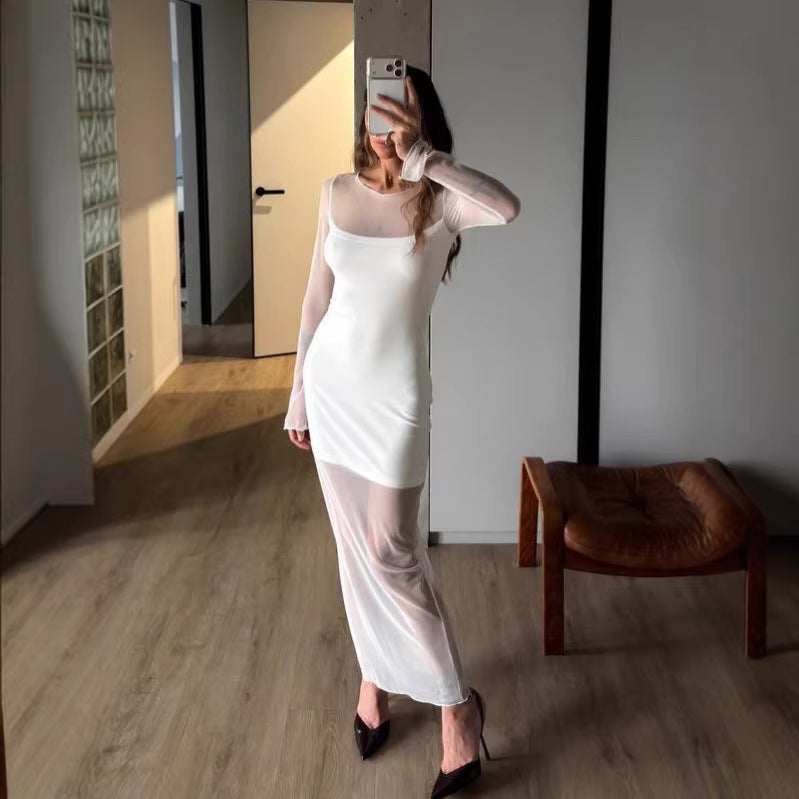 Elegant Womens Long-sleeve Mesh Dress With A Double-layer Design