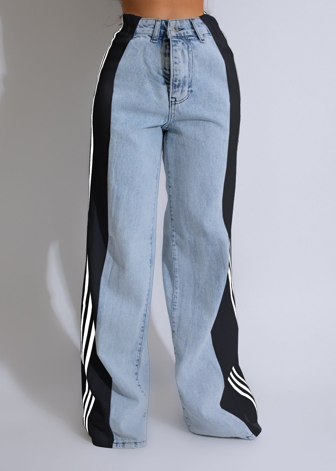 Summer Fashion Stitching Three Striped Wide Leg Denim Trousers For Women