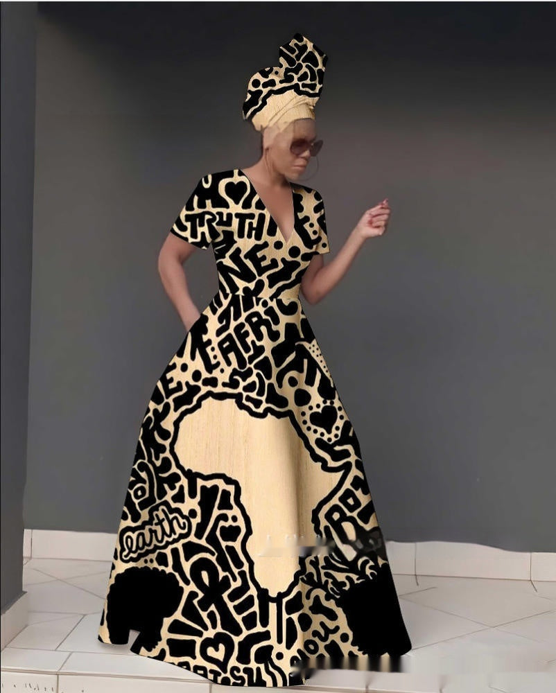 Womens 3D Digital Print V-Neck Short-SleeveLong-Sleeve Plus-Size Dress
