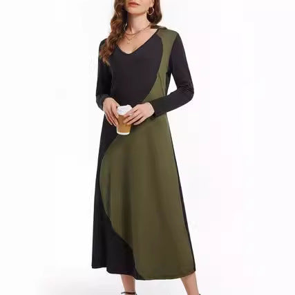 Color-Block Patchwork V-Neck T-Shirt Long-Sleeve Dress