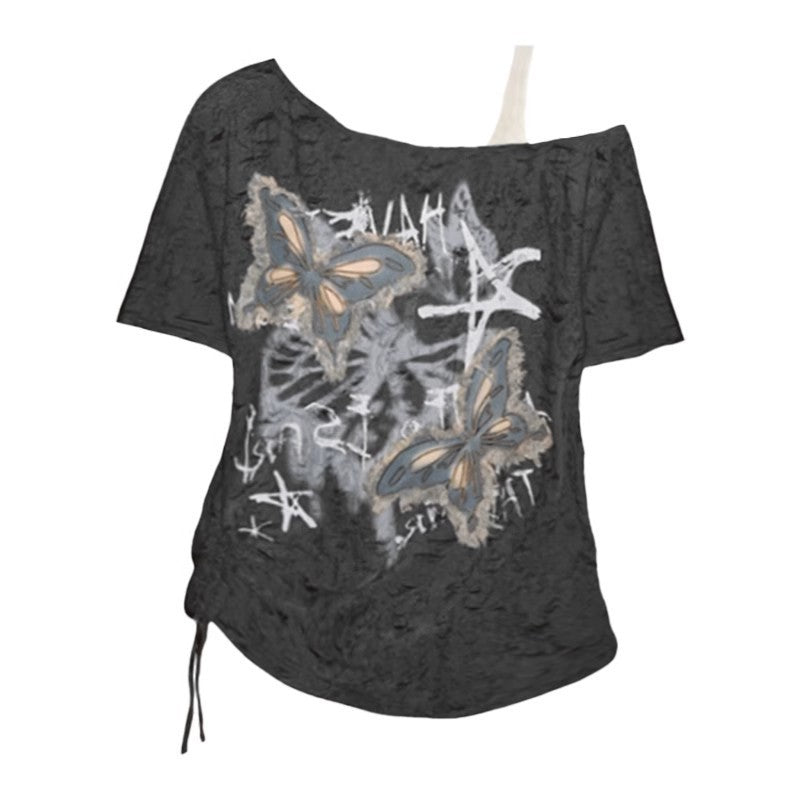 Slightly Fat Beautiful Butterfly Oblique Shoulder Tops Loose Short Sleeve